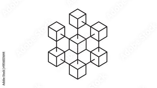 Cubes connected by lines in a geometric pattern, an abstract network illustration with a monochrome aesthetic and clear design.