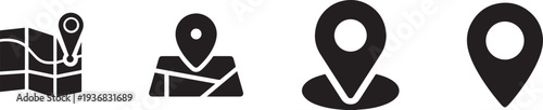Map location pin and navigation icon set in solid black style