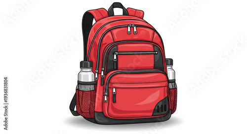 Red Backpack with Multiple Compartments and Water Bottle Holders.