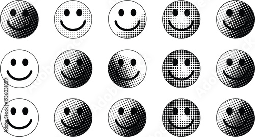 Smiley face halftone icon collection, retro dotted smile emoticon symbols set for pop art design, emoji illustration and graphic elements