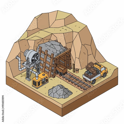 Isometric view of a detailed underground mine entrance with mining equipment.