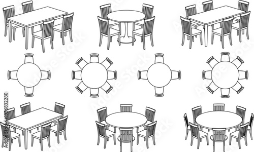 Restaurant table and chair set collection, top view and perspective dining furniture layout illustration for cafe interior planning and seating arrangement design