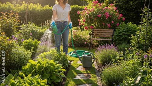 Person watering garden with green hose, surrounded by lush plants in sunlight