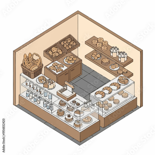 Isometric illustration of a bakery shop with various pastries and bread on display.