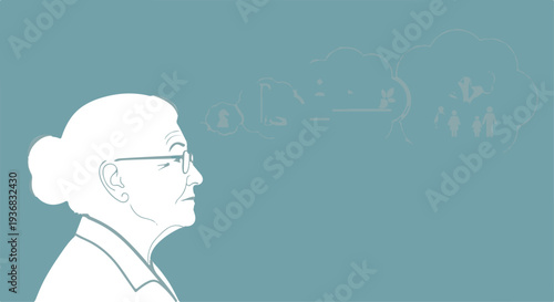 Line Art Illustration of Senior Woman with Glasses Thinking of Future Business and Life Concepts
