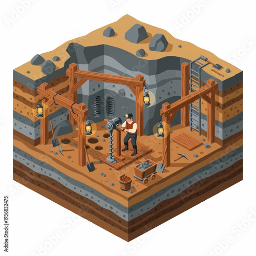 Isometric view of a miner drilling in an underground mine.