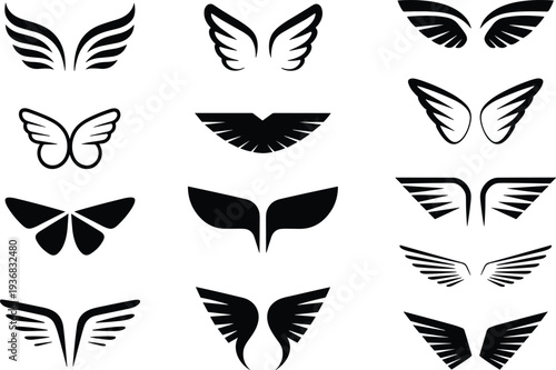 Stylized wing silhouette collection, angel, bird and butterfly wing shapes for logo design, tattoo art, emblem branding and vector illustration
