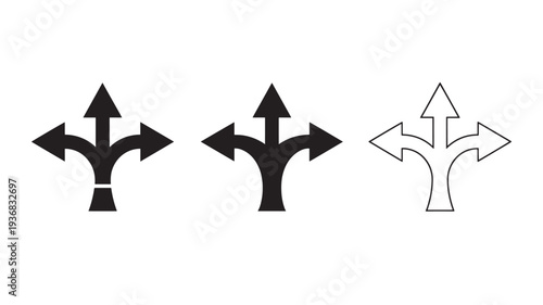 Arrows set with three directional options, black solid icons, and outline icons symbolizing choice and direction.