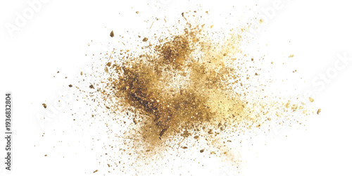 Dynamic golden brown powder explosion background with flying dirt particles and dramatic dust burst vector illustration