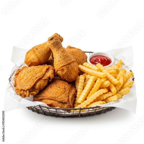 Crispy fried chicken pieces with crinkle-cut fries, ketchup, and basket on white