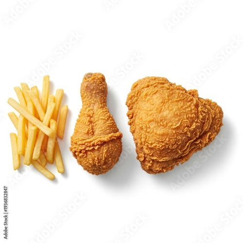 Fried chicken drumstick, breast, and french fries, isolated on white background