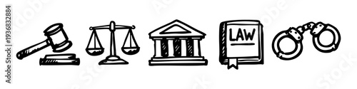 Hand-drawn legal icon set with gavel, scales, courthouse, law book, and handcuffs in black and white minimalist doodle style.