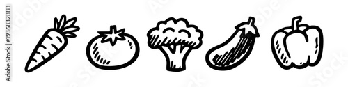 Hand-drawn vegetable icons set including carrot, tomato, broccoli, eggplant, and bell pepper. Black and white sketch style for menus and cooking.