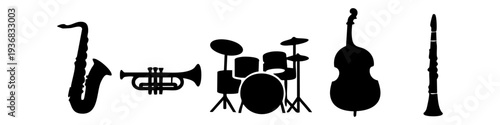 Collection of black musical instrument silhouettes including saxophone, trumpet, drums, double bass, and clarinet on white background. Jazz band icons.