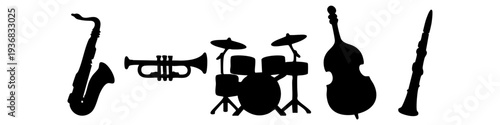 Silhouettes of jazz band instruments including saxophone, trumpet, drums, double bass, and clarinet isolated on a white background.