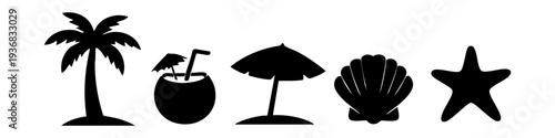 Collection of black summer silhouettes including a palm tree, coconut drink, beach umbrella, shell, and starfish isolated on white background.