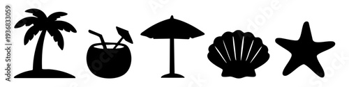 Set of summer beach icons: palm tree, coconut cocktail, sun umbrella, seashell, and starfish black silhouettes isolated on a white background.