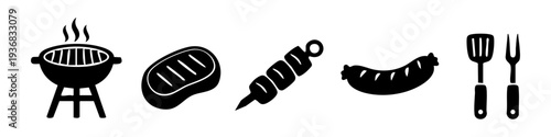 Set of black barbecue icons including grill, steak, sausage, kebab, and tools. Minimalist flat vector illustration for summer BBQ party designs.