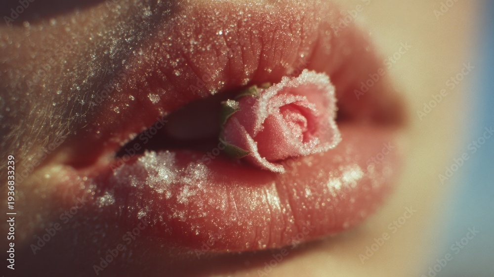 Obraz premium Close-up lips holding pink rosebud with sparkling crystals