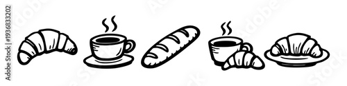 Hand-drawn set of bakery and coffee icons including croissants, baguettes, and steaming cups of coffee in a minimalist black line art style.
