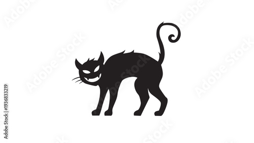 Black cat silhouette with a wicked grin and glowing eyes, a spooky Halloween decoration or symbol featuring evil, witch, magic with icon and scary