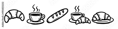 Set of hand-drawn breakfast icons featuring croissants, coffee cups, and a baguette. Minimalist black line art doodles for cafe and bakery menus.