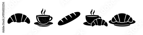 Minimalist black vector icons of breakfast items including croissants, coffee cups, and bread on a white background. Perfect for cafe or bakery menus.