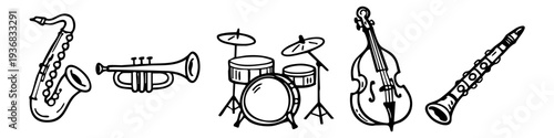 Hand-drawn musical instrument doodles including saxophone, trumpet, drums, double bass, and clarinet. Black and white jazz band sketch banner.