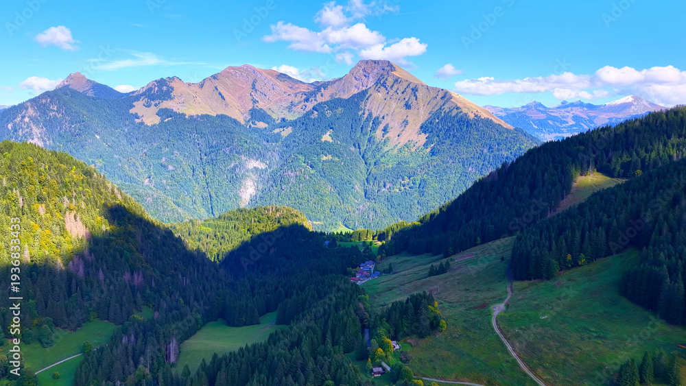 Obraz premium 4K Drone View Alpine Valley And Mountains In Summer Landscape