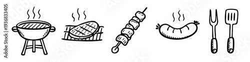 Hand-drawn BBQ doodle icons set with grill, steak, kebab, sausage, and tools. Minimalist vector sketch for summer cookouts and restaurant menus.