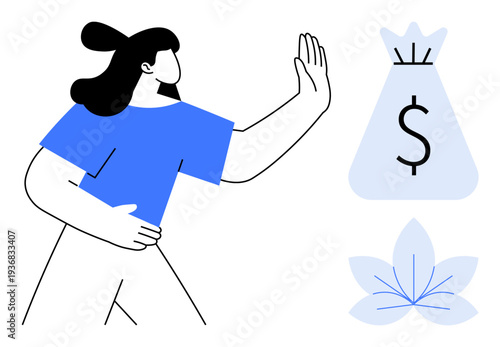 Woman gesturing refusal towards money bag symbol, emphasizing ethical choices, resistance to greed, financial integrity, personal boundaries, empowerment, and responsibility. Ideal