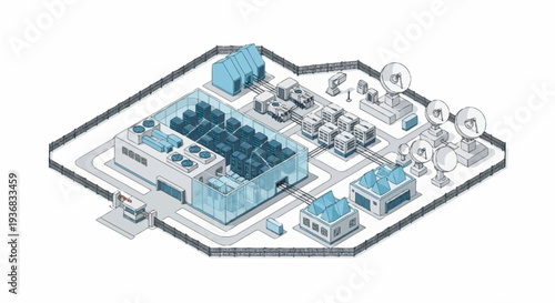 Isometric View of an Industrial Facility with Various Buildings and Equipment.