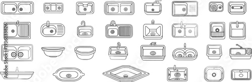 Kitchen sink and basin collection set, top view plumbing fixtures and wash basin designs for interior design, architectural blueprint and kitchen planning