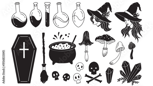 Witchy Halloween elements including potions, skulls, mushrooms, cauldrons, brooms, and crystals for spooky designs.