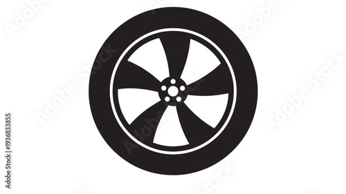 Wheel automotive icon with six black spokes and white tire on a clean white background for transportation themes
