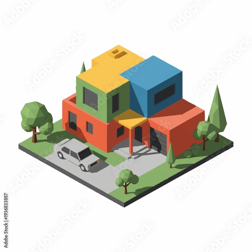Colorful 3D Isometric House Illustration with Car and Trees.