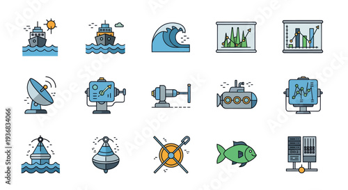 Nautical and Maritime Icons: Ships Submarines Waves and Navigation Equipment.