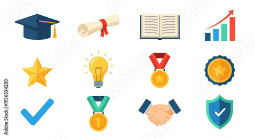 Vibrant collection of educational achievement and business success icons.