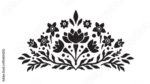 Black floral motif with lotus and daisy-like flowers, leaves, and dots, designed as a decorative symmetrical semi-circle for embellishment.