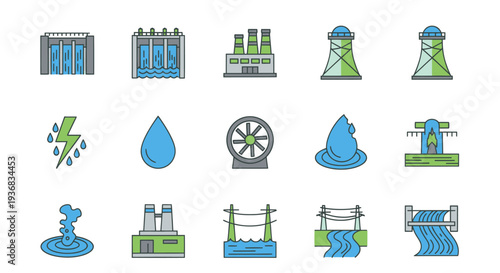 Collection of Colorful Hydroelectric Power Generation Icons.