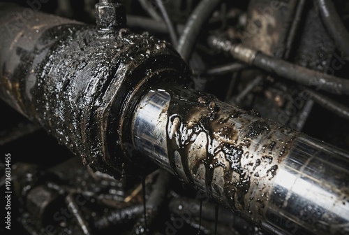 Extreme macro close-up of a metal hydraulic cylinder completely covered in thick black oil sludge