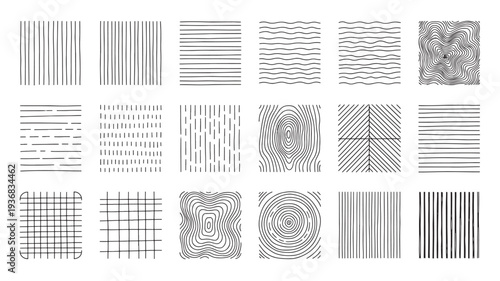 Line patterns set featuring various textures like stripes, waves, grids, and organic shapes drawn with simple black lines.