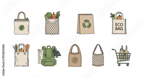 Collection of Reusable Shopping Bags and Eco-Friendly Containers for Groceries and Everyday Use.