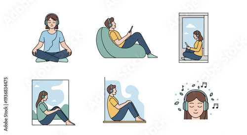 A collection of illustrations showing people relaxing at home meditating reading books and listening to music.