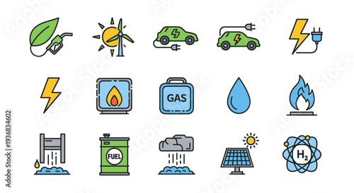 Collection of colorful energy and sustainability icons representing various power sources.