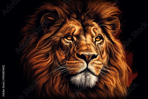 Lion head looking forward with a powerful golden mane and watchful eyes