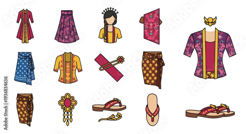A colorful illustrated set of traditional Indonesian womens clothing including Kebaya Batik sarong and accessories.