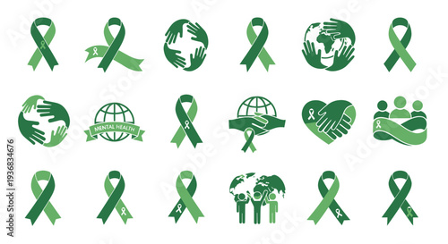 Collection of Green Awareness Ribbons and Global Support Symbols.