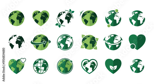 Collection of stylized green Earth globes and heart icons representing environmental themes.