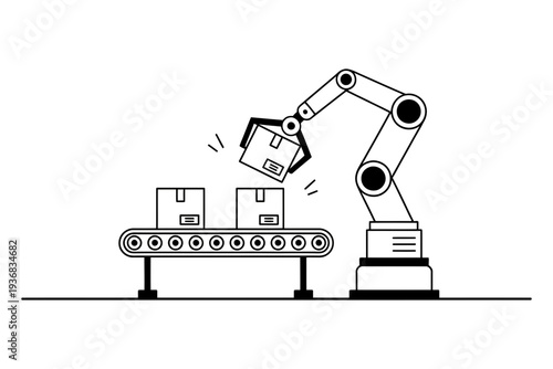 A robotic arm icon picking up a box on a conveyor belt